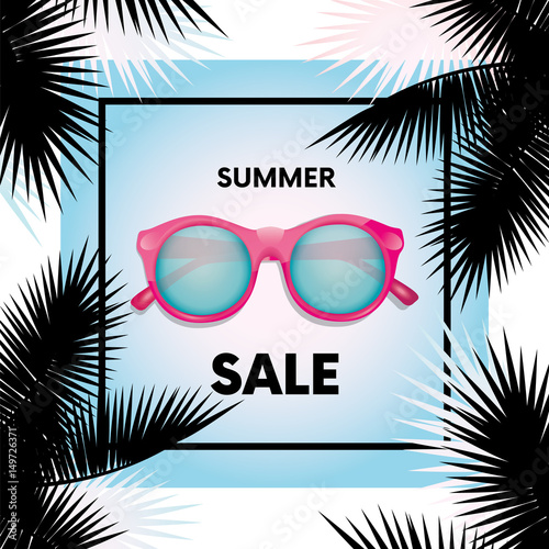 Ready-made design "Summer Sale" with branches of palm trees and sunglasses. Stylish concept. Vector illustration for banner or sign.