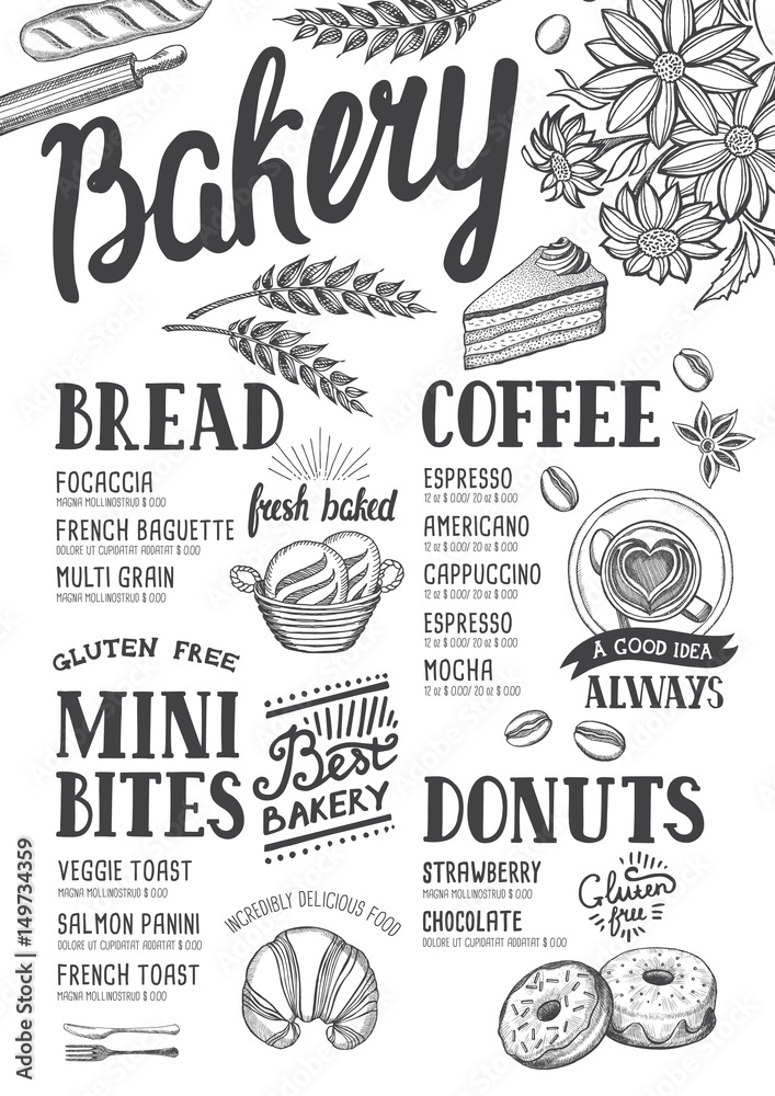 Fototapeta premium Bakery menu restaurant, food template.