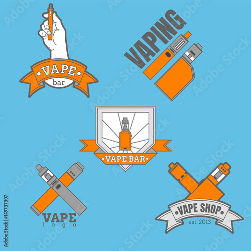 Set of different vaping logotypes colored on blue background