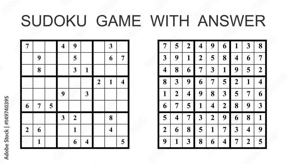 Sudoku game with answer. Vector puzzle game with numbers for kids and adults. Illustration on white background. Sudoku game with answer. Vector puzzle game with numbers for kids and adults. Illustration on white background.