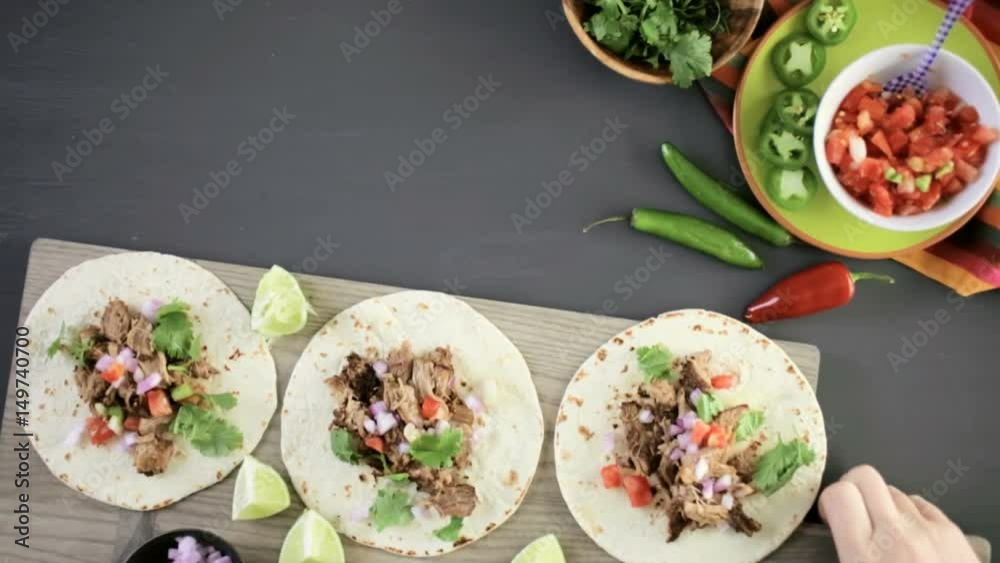 Pulled pork carnitas with pico de gallo on a flour tortilla