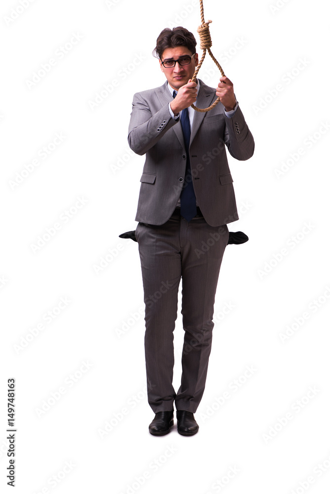 Bankrupt businessman hanging himself isolated on white Bankrupt businessman hanging himself isolated on white