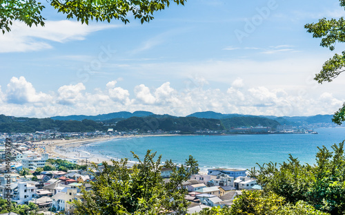 Kamakura; Japan; overlookng Yuigahama beach and harbor photo