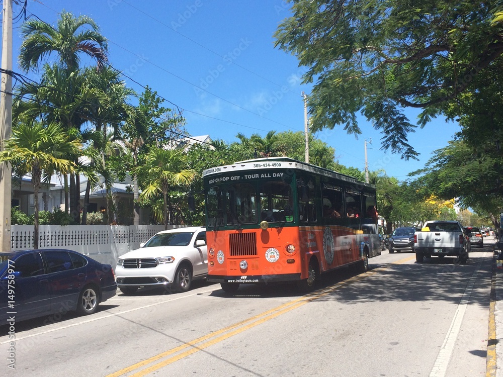 Orange tourist trolley in Key West