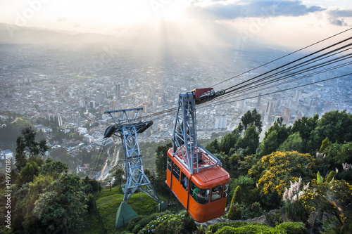 Monserrate tram car over cityscape, Bogota, Colombia
