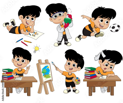 Back to school.A cute kid drawing a picture,doing experiments with liquids in chemistry lab,playing soccer,having an idea,painting a picture,doing a homework