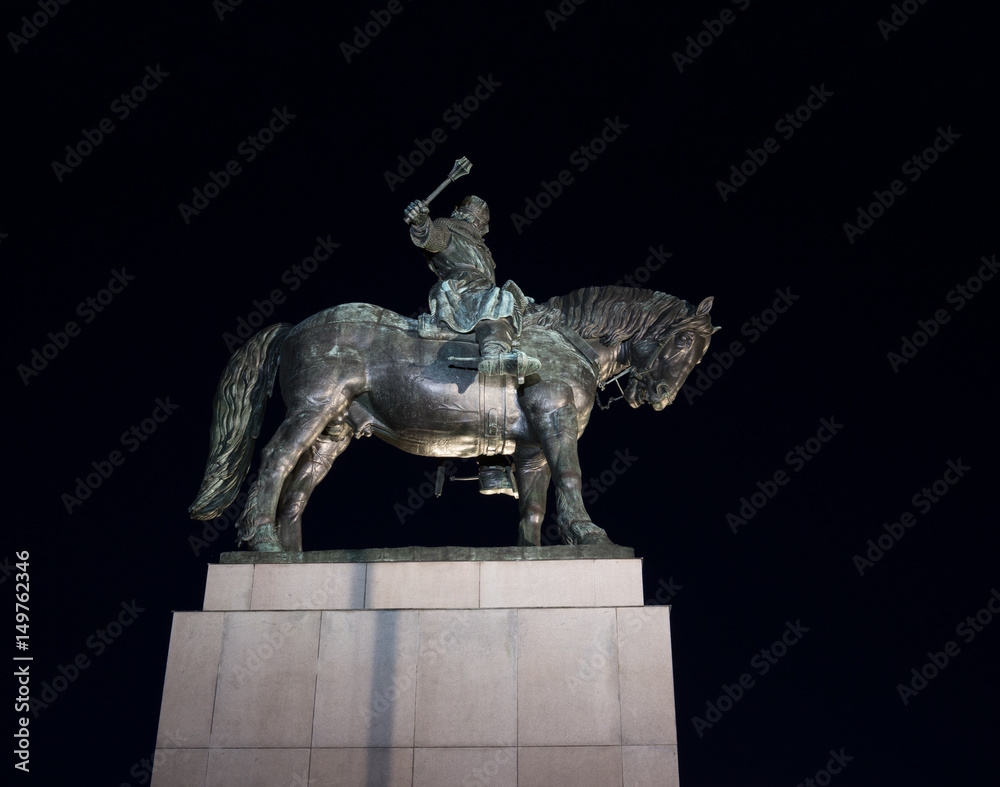 National memorial on Vitkov hill, Zizkov, Prague, Czech Republic / Czechia - Equestrian statue of Jan Zizka, legend and famous hero from crusade wars. Bronze sculpture of rider and horse on pedestal