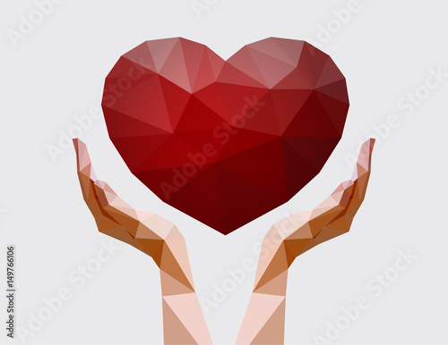 Human hands holding polygonal heart. Love, peace and donation concept. Charity event. Vector illustration for non-profit organisation