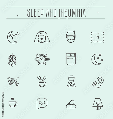 Set of thin line vector icons with symbols of sleep problems and insomnia. Healthcare logo vector illustration.  Treatments and pills, sleeping person with mask, hot drink.