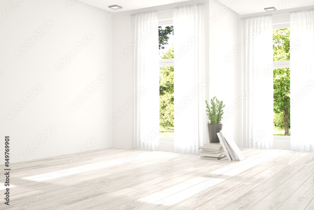 Fototapeta premium White empty room with green landscape in window. Scandinavian interior design. 3D illustration