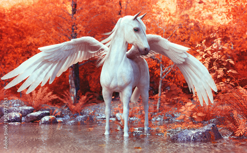 Fotografia Mythical Pegasus posing in an enchanted forest