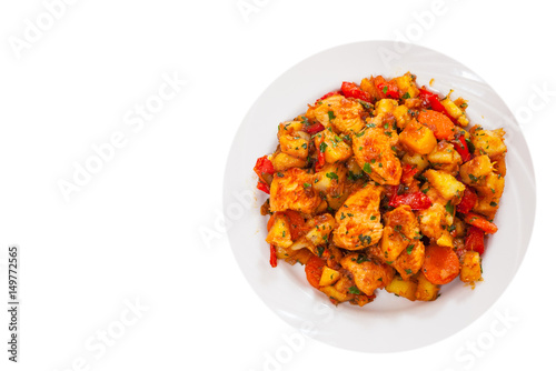 Meat with vegetables. top view. isolated on white