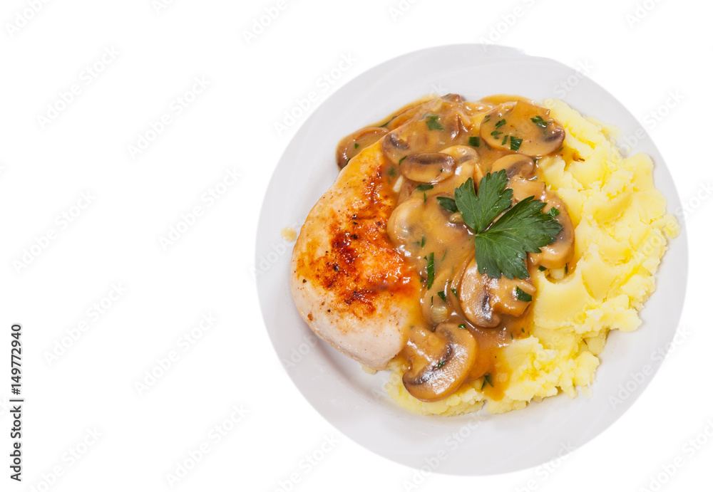 Chicken Breast with Mushroom Sauce and mashed potato. top view. isolated on white