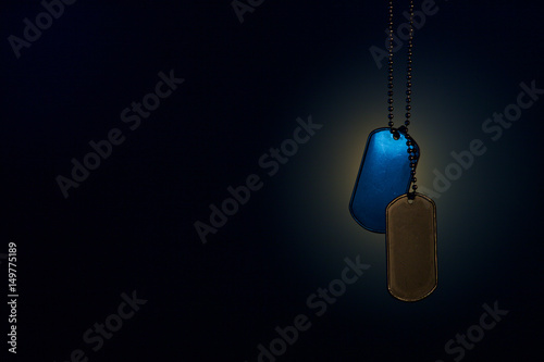 Military ID tags on a dark background