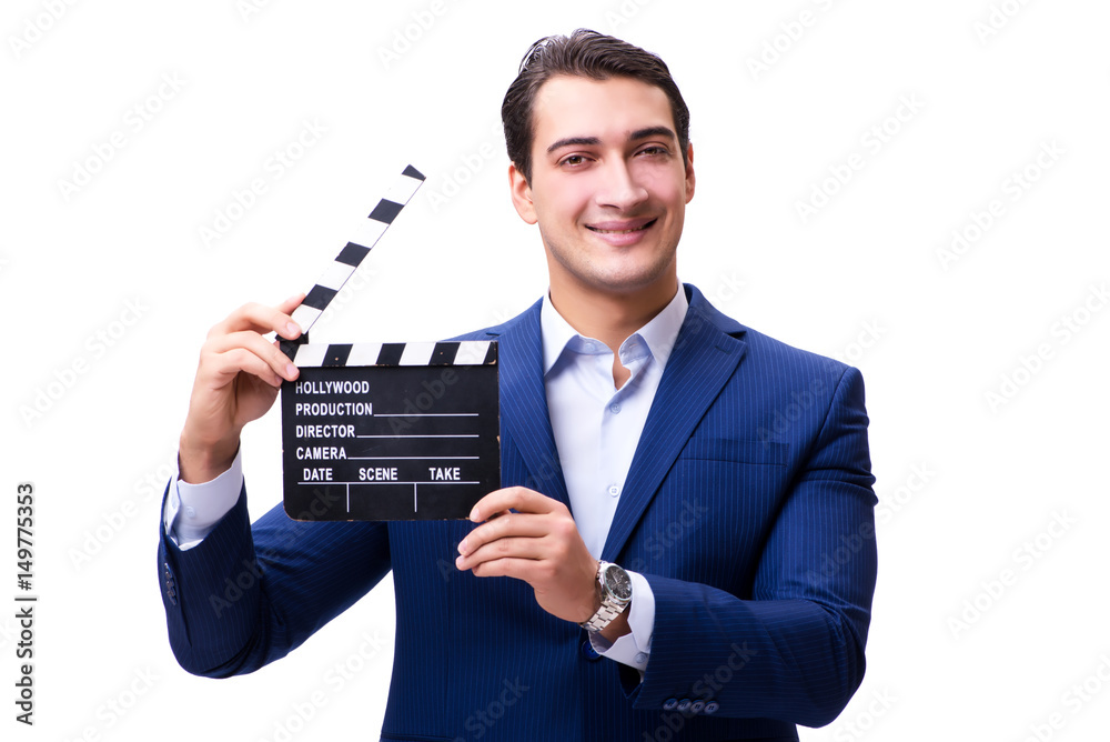 Handsome man with movie clapper isolated on white Handsome man with movie clapper isolated on white