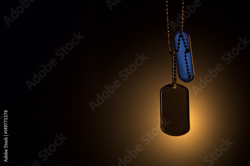 Military ID tags on a dark background