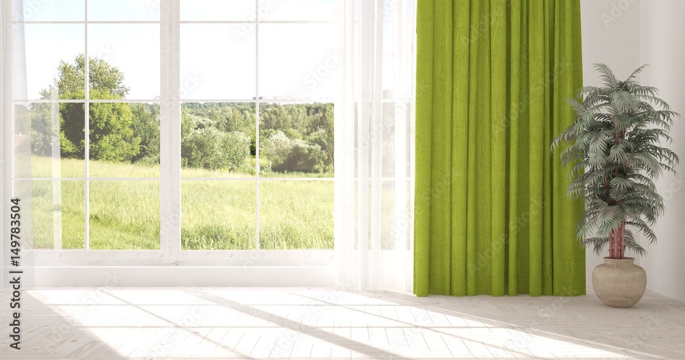 Fototapeta premium White empty room with green landscape in window. Scandinavian interior design. 3D illustration