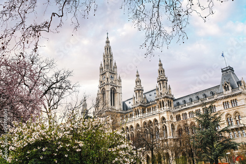 Obraz na plátně Gothic Vienna building landmark Town Hall Tower or in german: Wiener Rathaus at early spring