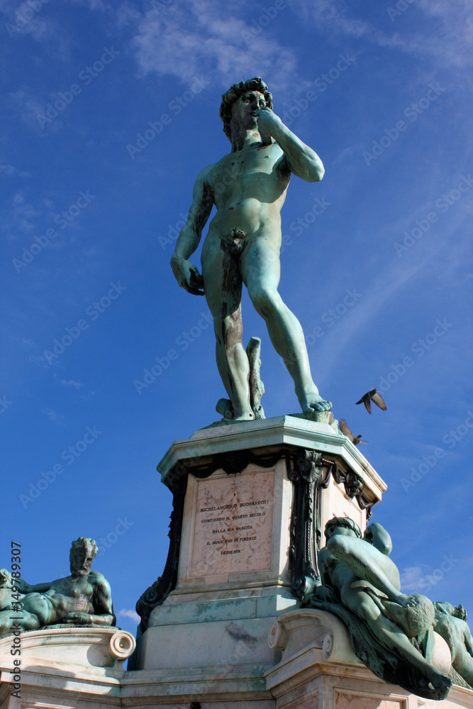 David Statue at Piazzale Michelangelo, built in 1869 and designed by architect Giuseppe Poggi on a hill just south of the historic center, on the left bank of the Arno river in Florence, Italy David Statue at Piazzale Michelangelo, built in 1869 and designed by architect Giuseppe Poggi on a hill just south of the historic center, on the left bank of the Arno river in Florence, Italy