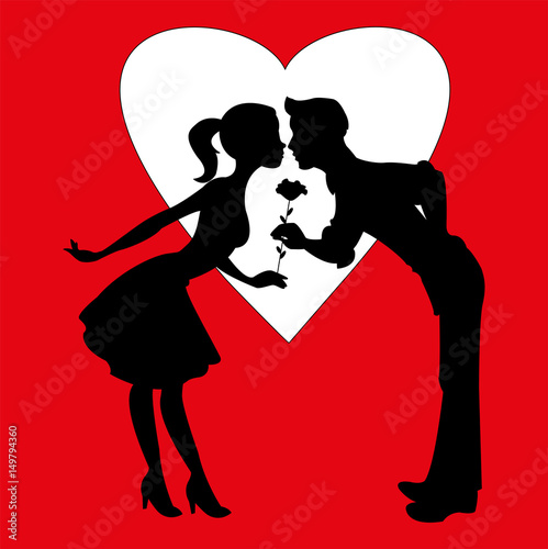 Vector illustration of lovers silhouettes on red background with heart, silhouette innamorati su sfondo rosso con cuore vettoriale