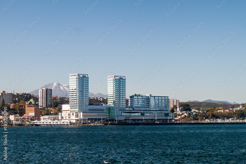 PUERTO MONTT, CHILE - MAR 23: Skyline of Puerto Montt city with Calbuco volcano in the background, Chile