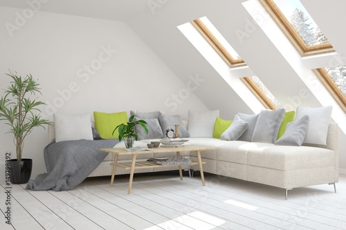 White modern room with sofa. Scandinavian interior design. 3D illustration