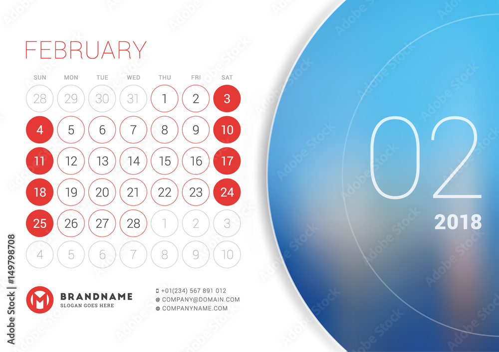 Fototapeta premium February 2018. Desk Calendar for 2018 Year. Vector Design Print Template with Place for Photo. Week Starts on Sunday