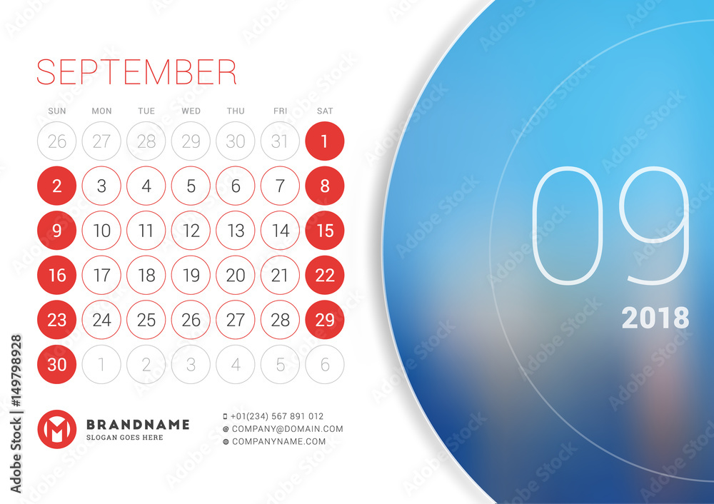Fototapeta premium September 2018. Desk Calendar for 2018 Year. Vector Design Print Template with Place for Photo. Week Starts on Sunday