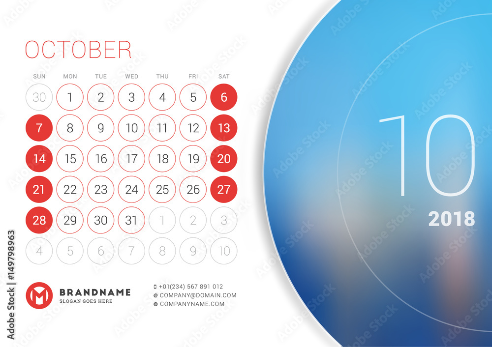 Fototapeta premium October 2018. Desk Calendar for 2018 Year. Vector Design Print Template with Place for Photo. Week Starts on Sunday