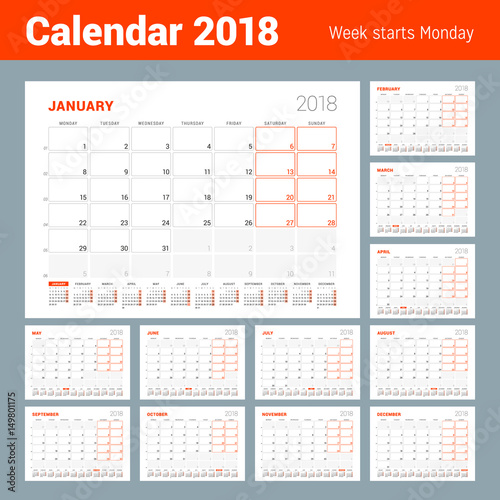 Calendar Template for 2018 Year. Set of 12 Months. Business Planner with Year Calendar. Stationery Design. Week starts on Monday. Vector Illustration