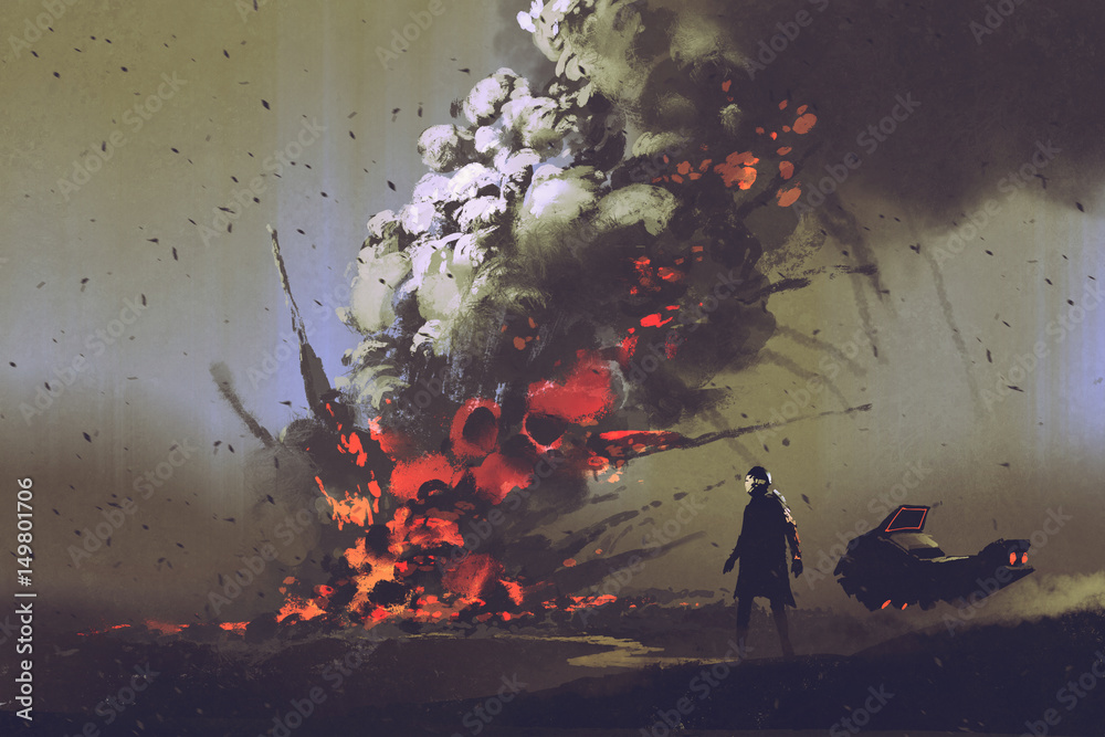 Naklejka premium sci-fi scene of the man with his vehicle looking at bomb explosion on the ground, illustration painting