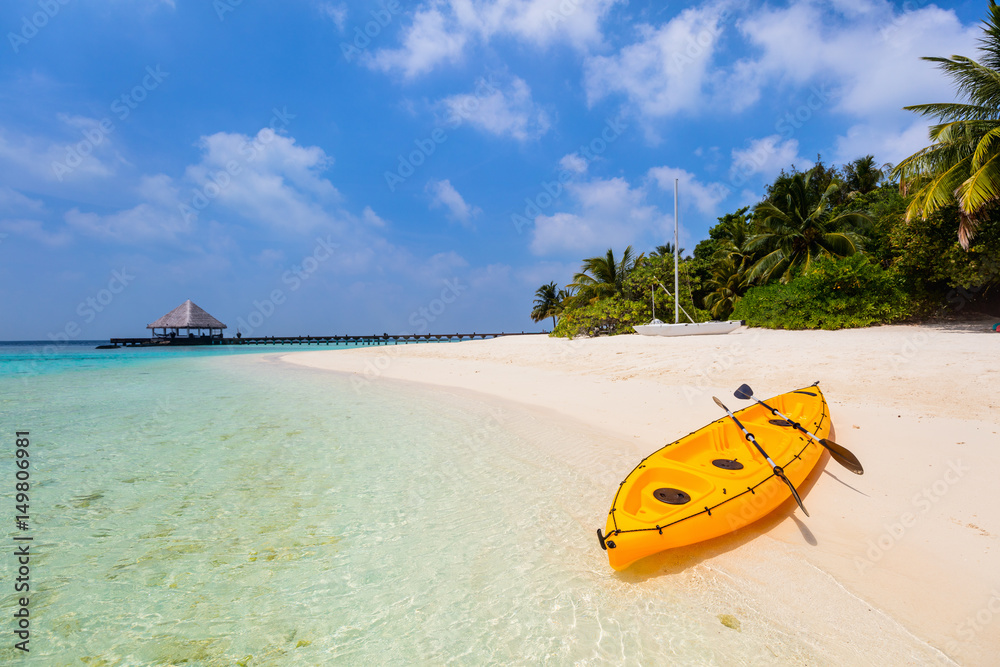 Beautiful tropical beach at exotic island in Maldives