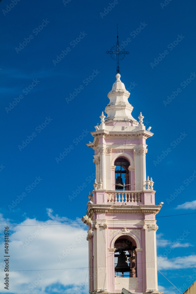 Tower of the cathedral Basilica and Sanctuary of the Lord and the Virgin of the Miracle in Salta, Argentina.
