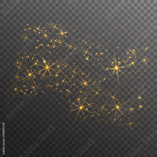 Gold glitter sparkles wave isolated on transparent background. Vector golden dust texture. Twinkling confetti, shimmering star lights.