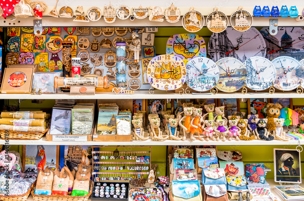 Shelf with russian national souvenirs.