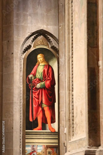 Painting San Giuliano by Francesco Botticini and Jacopo del Sellaio in Orsanmichele Church, Florence, Italy.