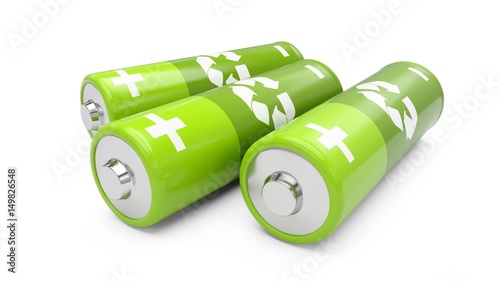 3D Rendering green batteries on white background