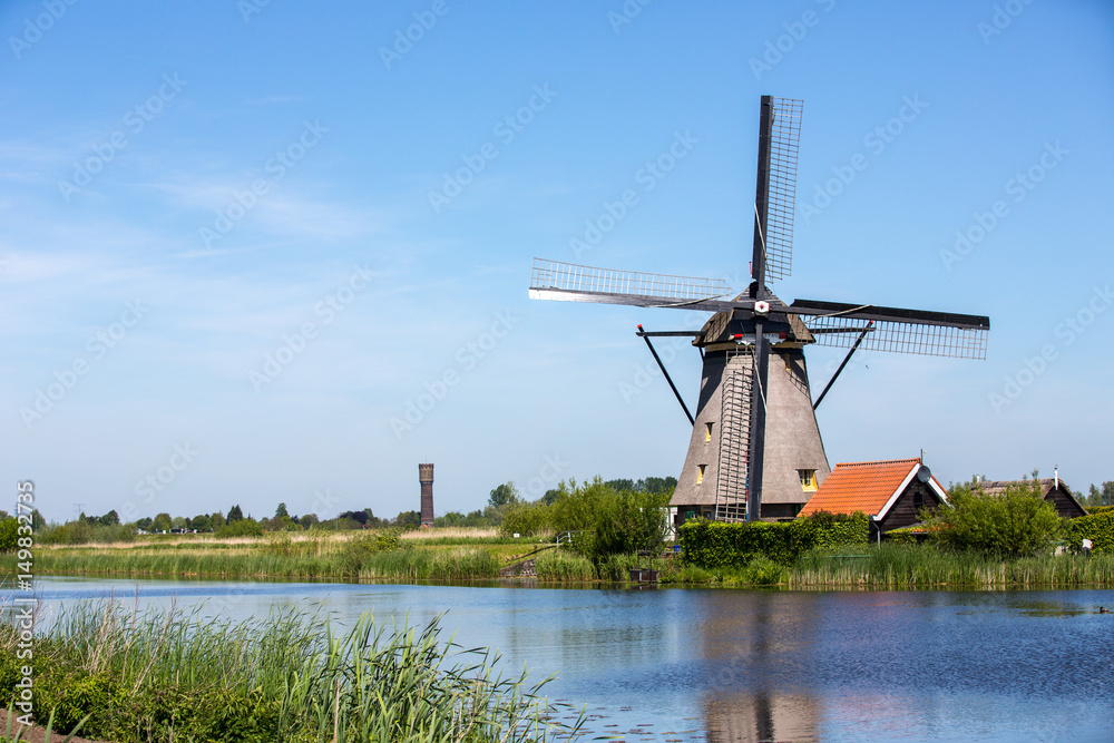 View of Kinderdijk, a park with dutch windmills near Rotterdam.