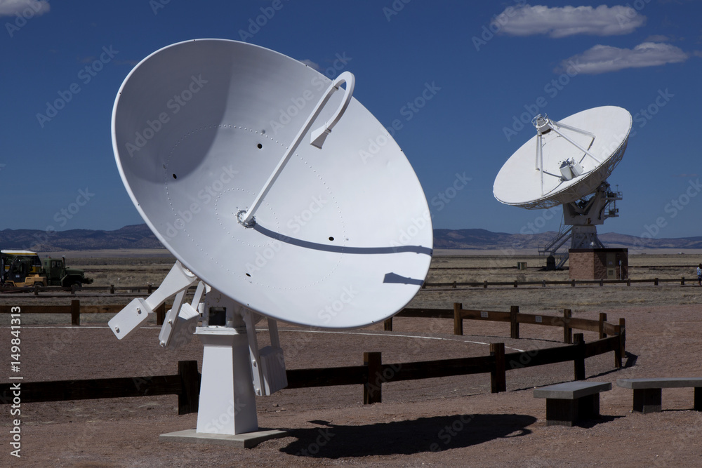 Radio telescope dish pointed up at the sky