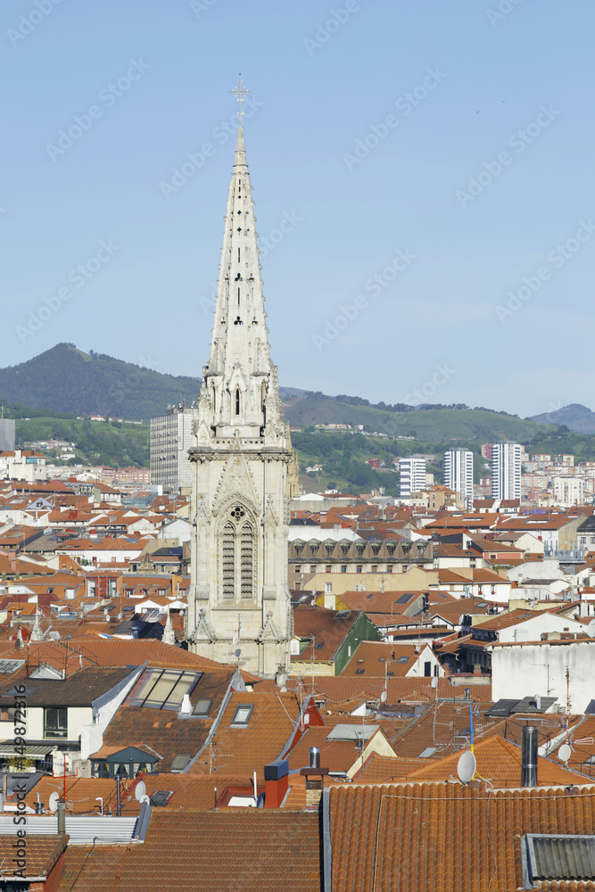 Roofs of the old downtown of Bilbao, Basque Country, Spain. Santiago cathedral in the middle of the old town.