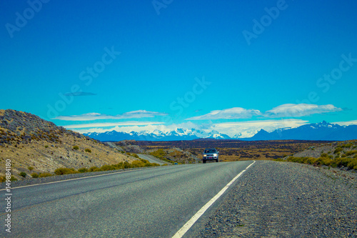 Road trip photography with moving car, Patagonia Argentina, South America.