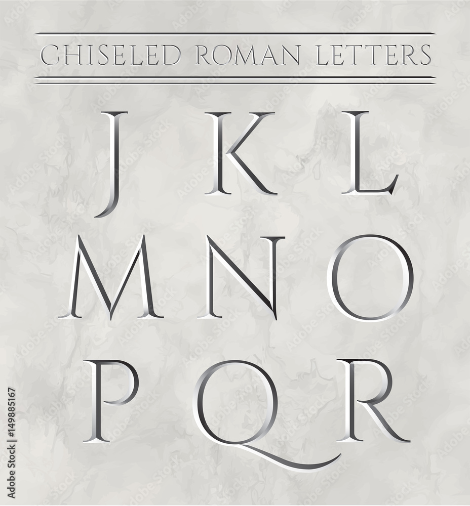 Roman letters chiseled in marble stone. Vector illustration. Letters j