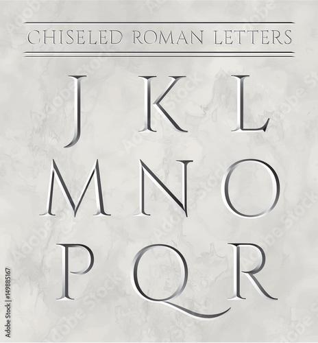 Roman letters chiseled in marble stone. Vector illustration. Letters j, k, l, m, n, o, p, q, r.