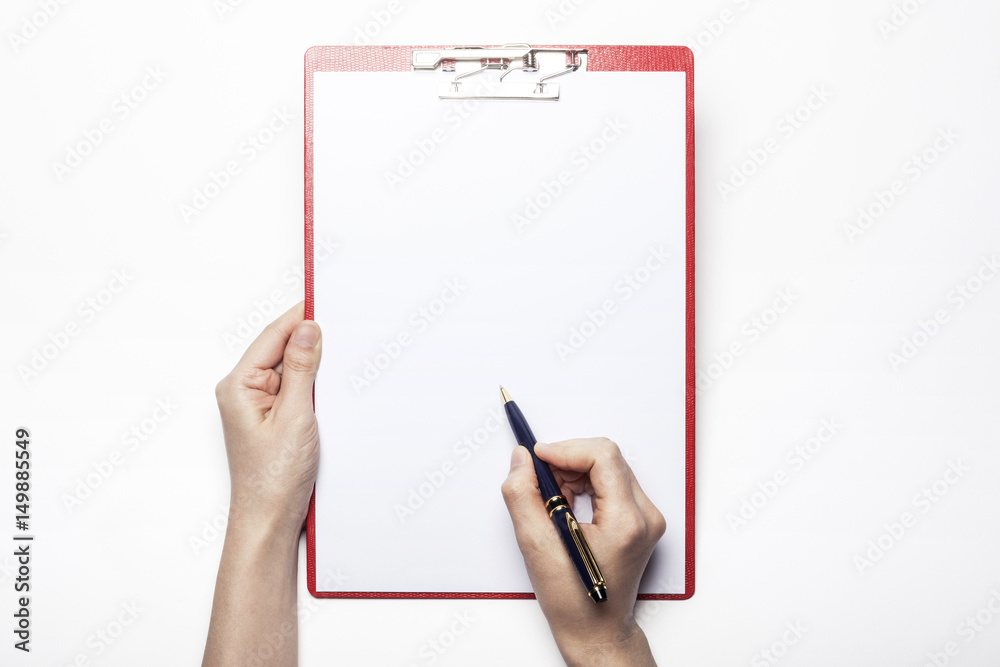 woman hand hold a clipboard isolated white.