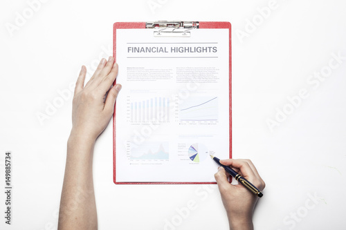 woman hand hold a clipboard isolated white.