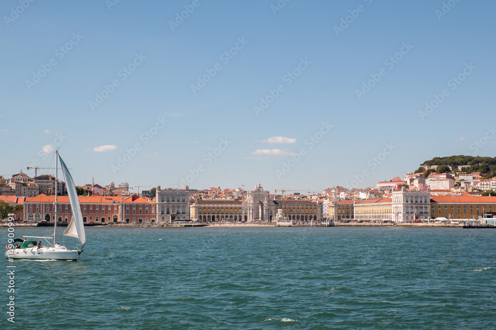 View of Lisbon from the Tagus River at sunny day 08 may 2017