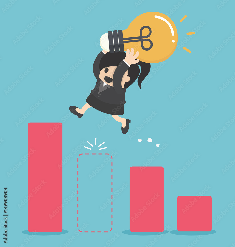Obraz premium Business woman holding light bulb Jump Through The Gap In Growth Chart