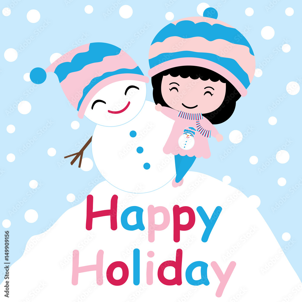 Cute girl and snowman on snow hill vector cartoon, Xmas postcard, wallpaper, and greeting card, T-shirt design for kids Cute girl and snowman on snow hill vector cartoon, Xmas postcard, wallpaper, and greeting card, T-shirt design for kids