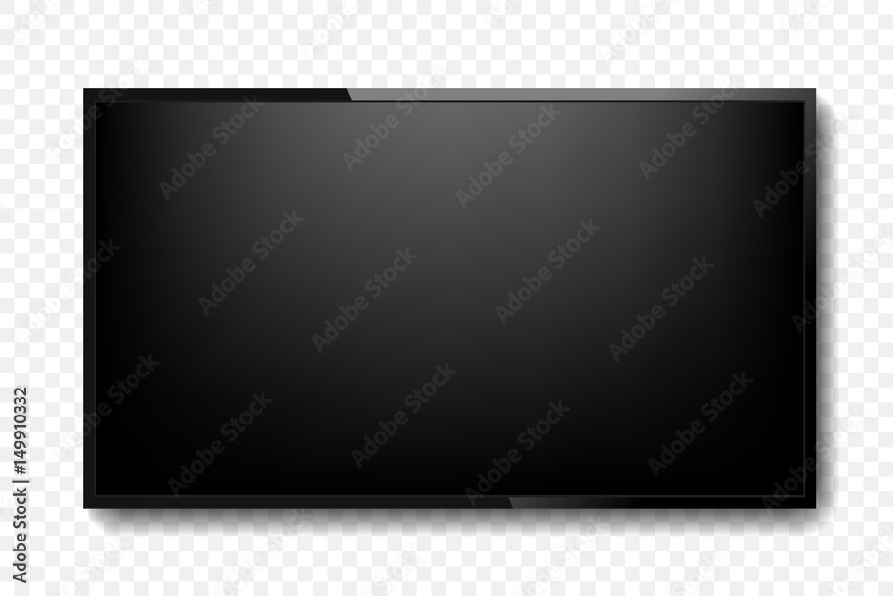 Realistic TV screen. Modern stylish lcd panel, led type. Large computer monitor display mockup. Blank television template. Graphic design element for catalog, web site, as mock up. Vector illustration