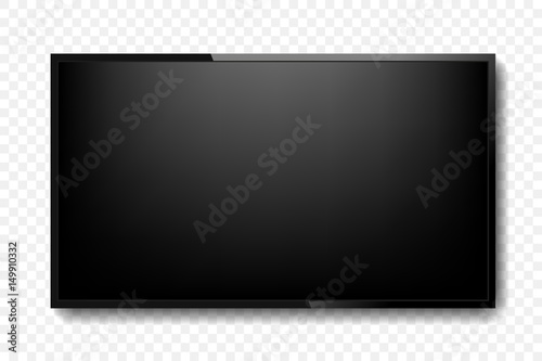 Realistic TV screen. Modern stylish lcd panel, led type. Large computer monitor display mockup. Blank television template. Graphic design element for catalog, web site, as mock up. Vector illustration photo